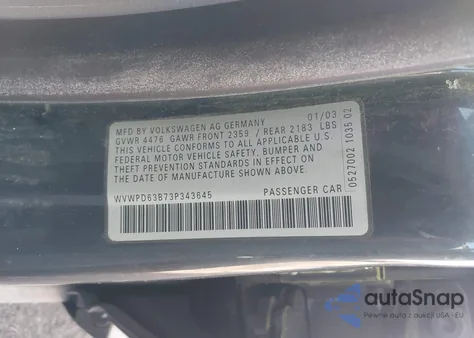 2003 Volkswagen Passat Gls from USA, damaged, VIN WVWPD63B73P343645